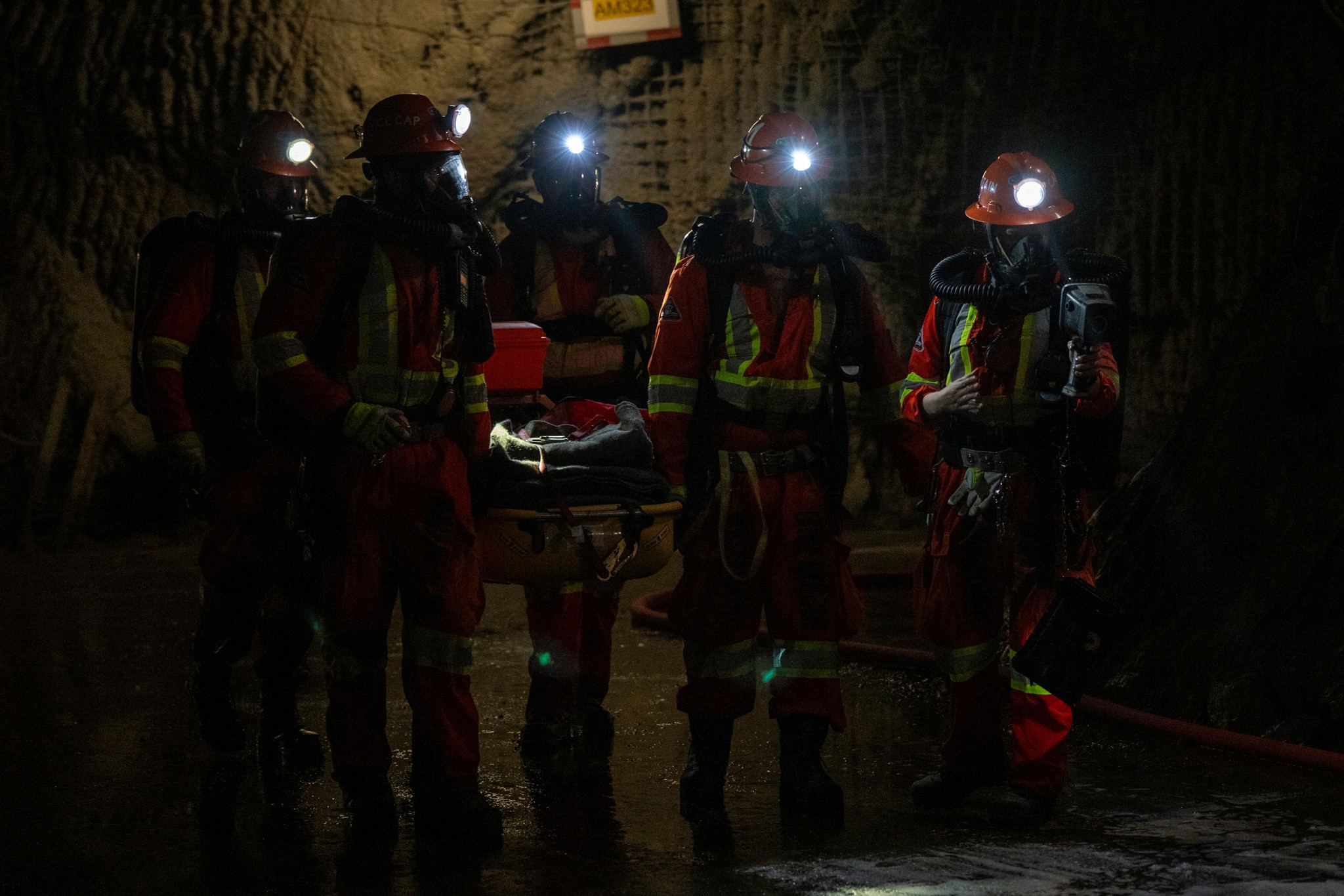 Musselwhite mine rescue team mid-scenario during 2026 Provincial Competition