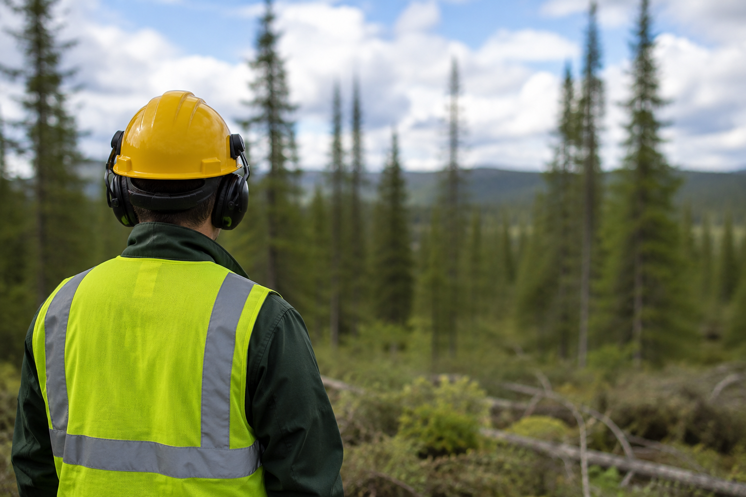 A forest worker overlooks a boreal forest