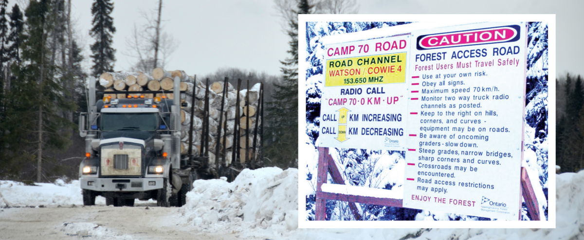 Logging truck on winter road with inset of public warning sign