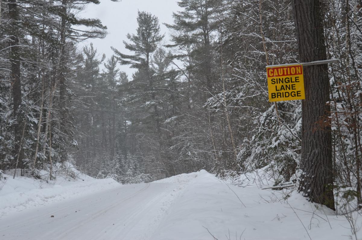 Snowy logging road with sign "Caution: Single lane bridge"