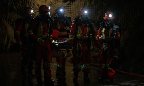 Musselwhite mine rescue team mid-scenario during 2026 Provincial Competition