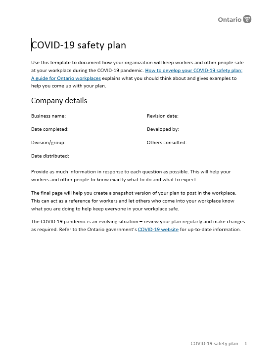 First page of COVID-19 safety plan