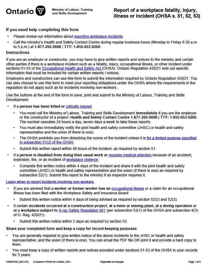 First page of form for reporting workplace fatality, injury, illness or incident
